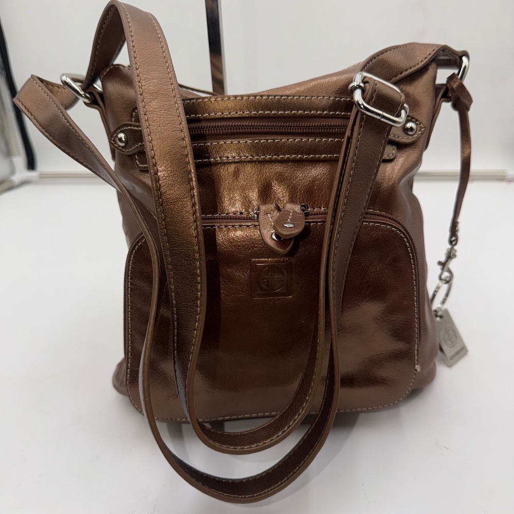 Gianni Bernini Metallic Bronze Leather Crossbody Shoulder Bag Purse - Picture 9 of 16